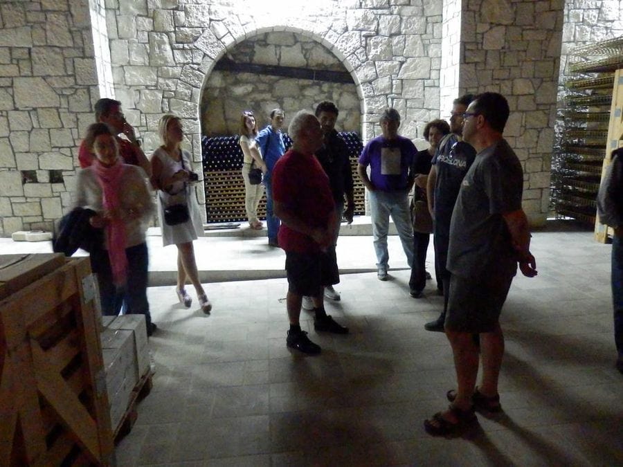 tourists listening to a man giving a tour at Domaine Paterianakis winery at stone cellar